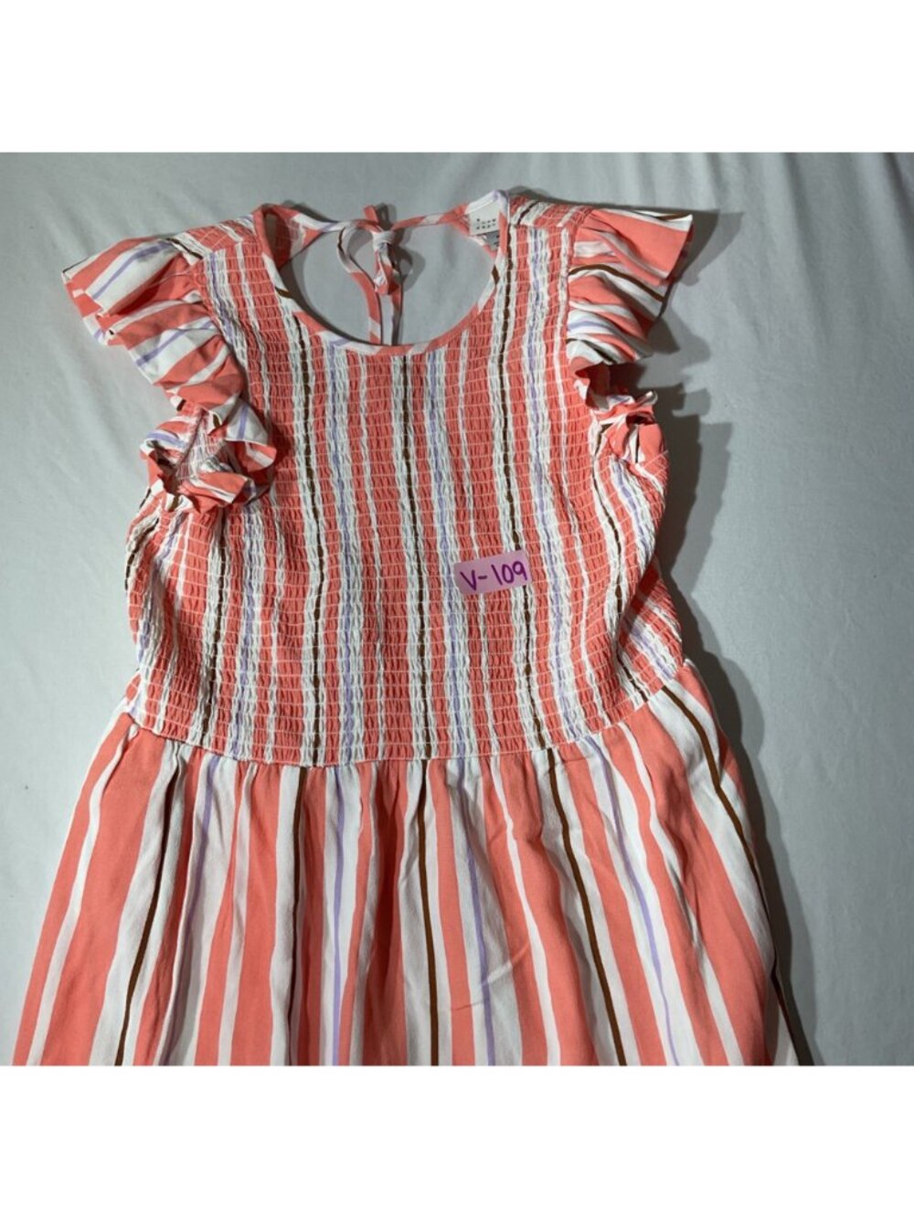 A new day Striped Coral & White Midi Dress size M With Ruffle Sleeves Smocked - Picture 11 of 11